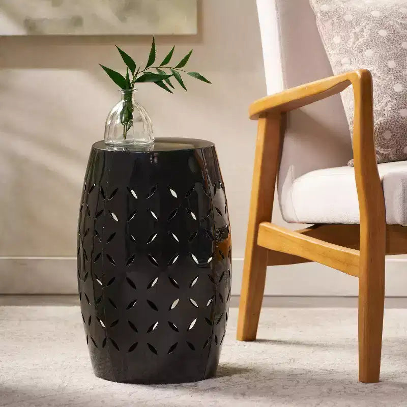 Black Cylindrical Side Table, Iron Laser-Cut, 1-Person Use, Indoor/Outdoor