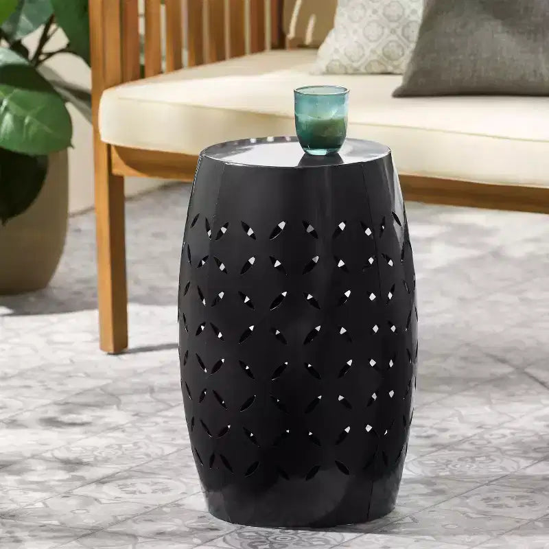 Black Cylindrical Side Table, Iron Laser-Cut, 1-Person Use, Indoor/Outdoor