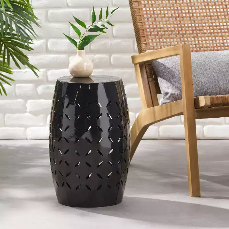 Black Cylindrical Side Table, Iron Laser-Cut, 1-Person Use, Indoor/Outdoor