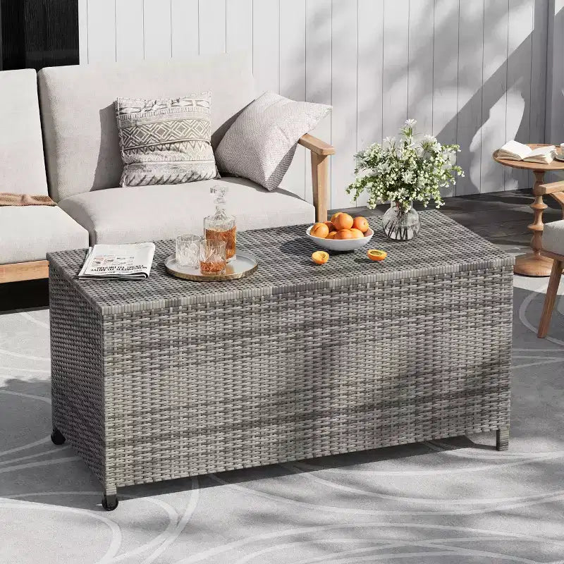 125-Gallon PE Rattan Deck Box with Wheels, Brown / Gray, 1-Person