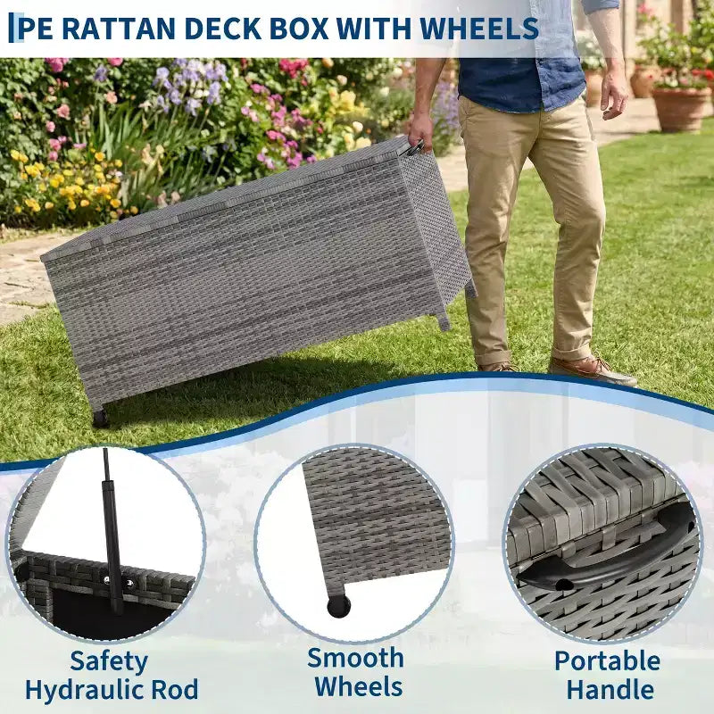 125-Gallon PE Rattan Deck Box with Wheels, Brown / Gray, 1-Person
