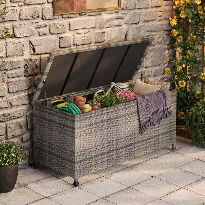 125-Gallon PE Rattan Deck Box with Wheels, Brown / Gray, 1-Person