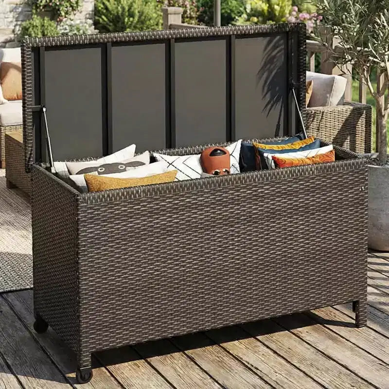 125-Gallon PE Rattan Deck Box with Wheels, Brown / Gray, 1-Person