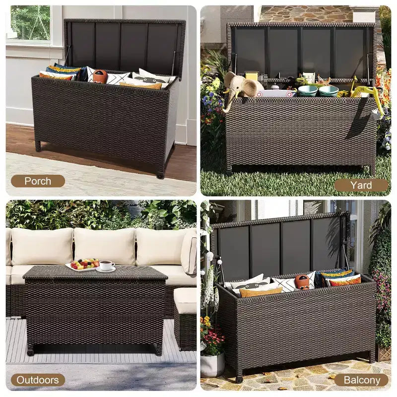 125-Gallon PE Rattan Deck Box with Wheels, Brown / Gray, 1-Person