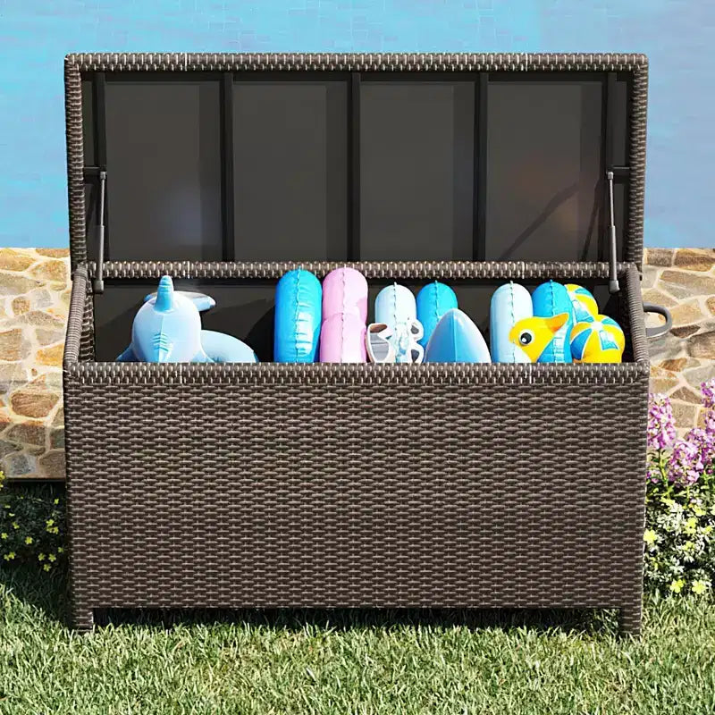 125-Gallon PE Rattan Deck Box with Wheels, Brown / Gray, 1-Person