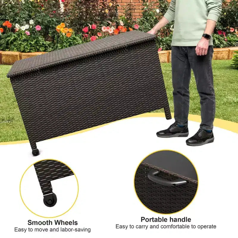125-Gallon PE Rattan Deck Box with Wheels, Brown / Gray, 1-Person