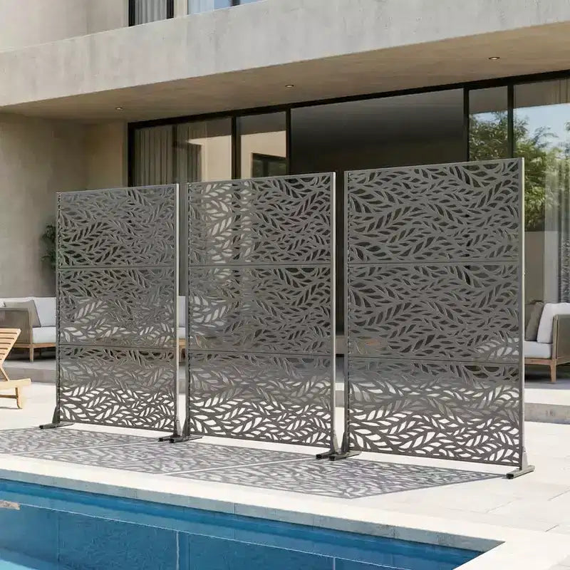 Brown / Light Gray / Olive Green 3-Panel Metal Privacy Screen, Freestanding & Wall-Mount