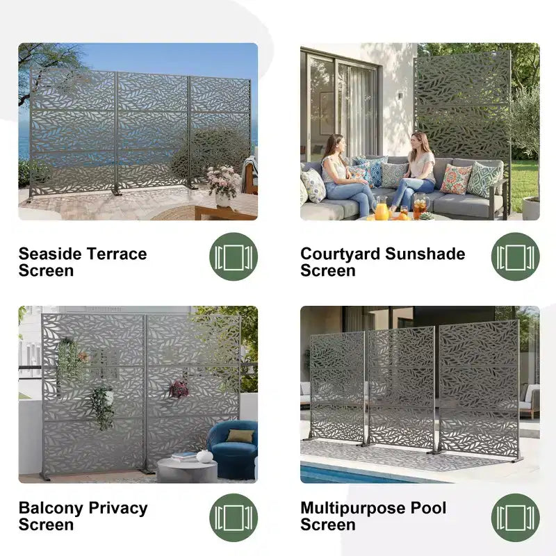 Brown / Light Gray / Olive Green 3-Panel Metal Privacy Screen, Freestanding & Wall-Mount