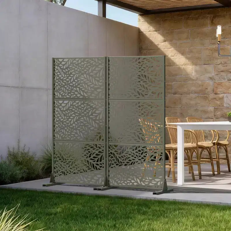 Brown / Light Gray / Olive Green 3-Panel Metal Privacy Screen, Freestanding & Wall-Mount