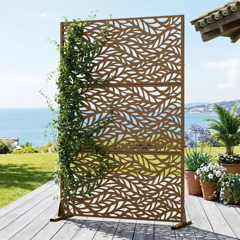 Brown / Light Gray / Olive Green 3-Panel Metal Privacy Screen, Freestanding & Wall-Mount