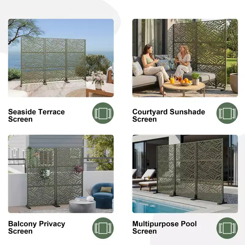 Brown / Light Gray / Olive Green 3-Panel Metal Privacy Screen, Freestanding & Wall-Mount