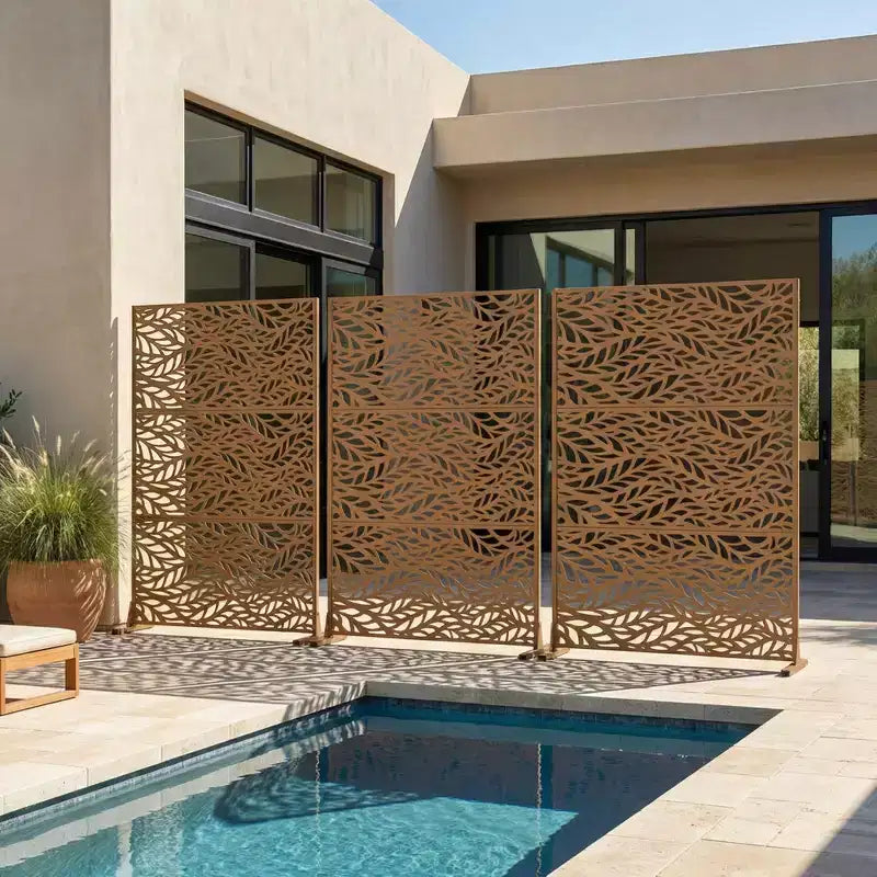 Brown / Light Gray / Olive Green 3-Panel Metal Privacy Screen, Freestanding & Wall-Mount