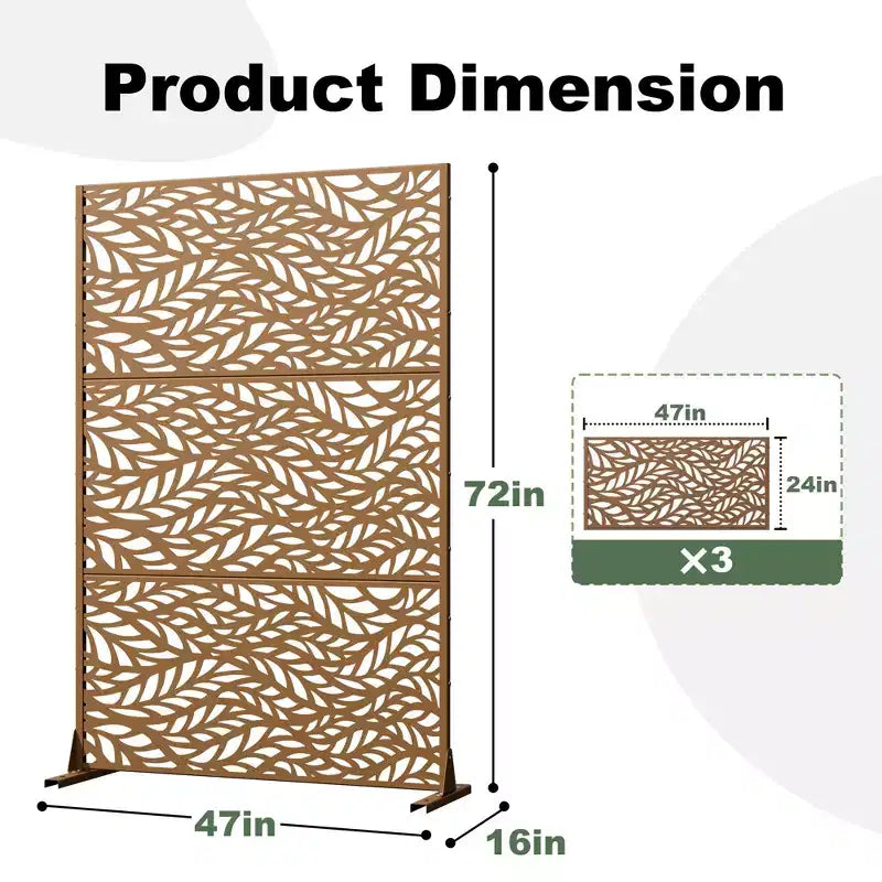 Brown / Light Gray / Olive Green 3-Panel Metal Privacy Screen, Freestanding & Wall-Mount