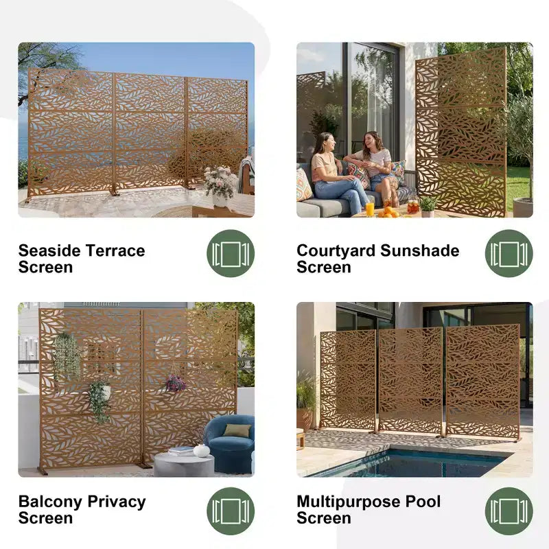 Brown / Light Gray / Olive Green 3-Panel Metal Privacy Screen, Freestanding & Wall-Mount
