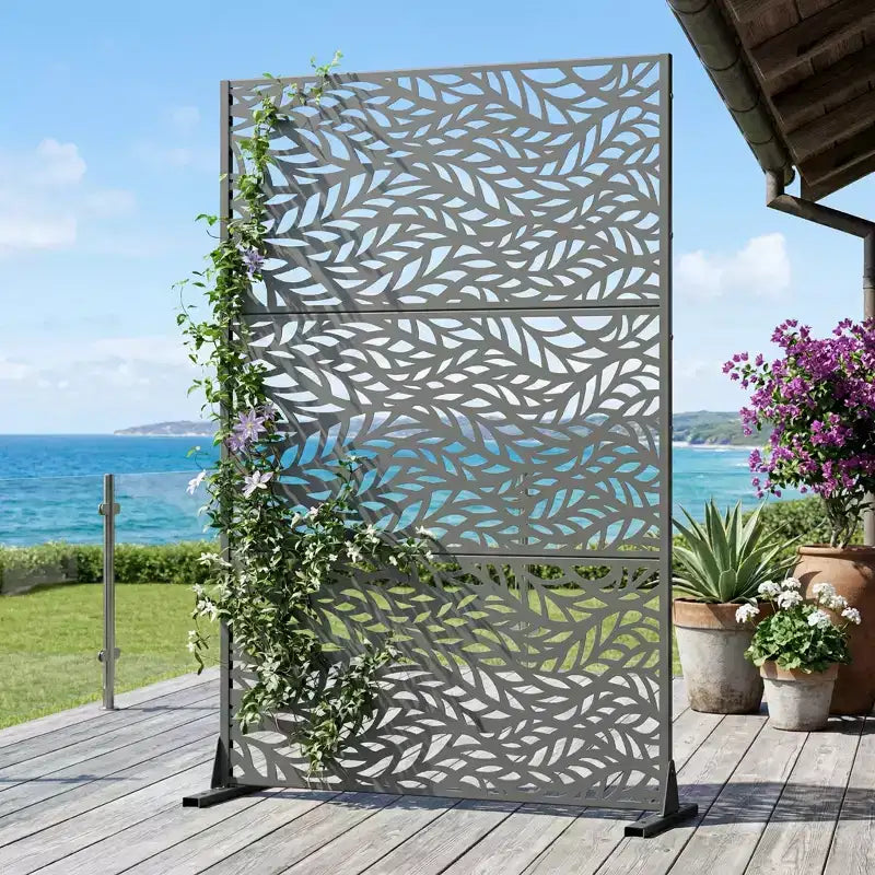 Brown / Light Gray / Olive Green 3-Panel Metal Privacy Screen, Freestanding & Wall-Mount