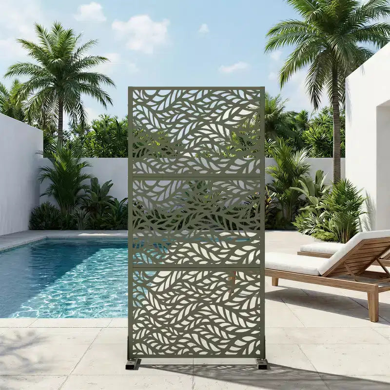 Brown / Light Gray / Olive Green 3-Panel Metal Privacy Screen, Freestanding & Wall-Mount