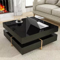 JVNOXK Modern High Gloss Coffee Table with 4 Drawers, Square Cocktail Table with Multi Storage Center Table for Living Room, Black