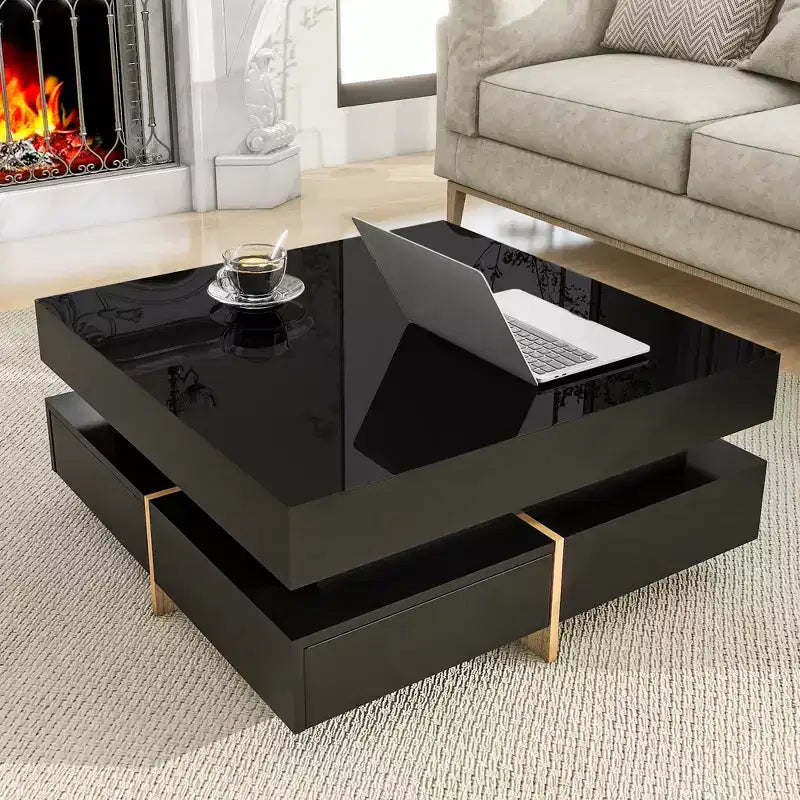 Black High Gloss Square Coffee Table with 4 Drawers