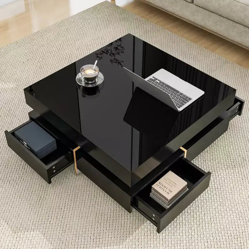 Black High Gloss Square Coffee Table with 4 Drawers