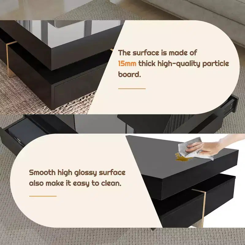Black High Gloss Square Coffee Table with 4 Drawers