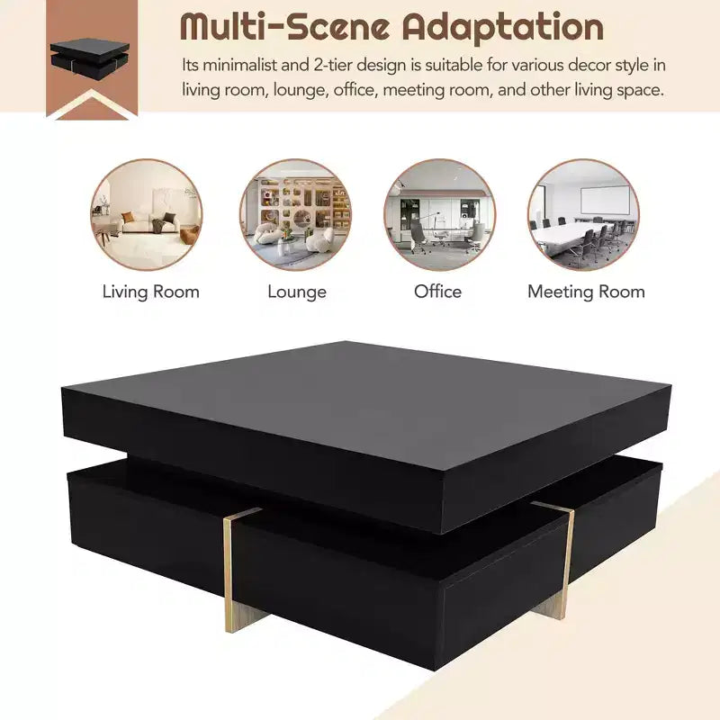 Black High Gloss Square Coffee Table with 4 Drawers