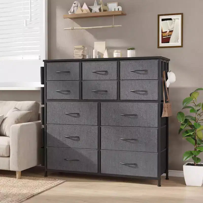 12-Drawer Fabric Dresser with Bins, Tall Wood Top Storage Tower for Bedroom Hallway Entryway