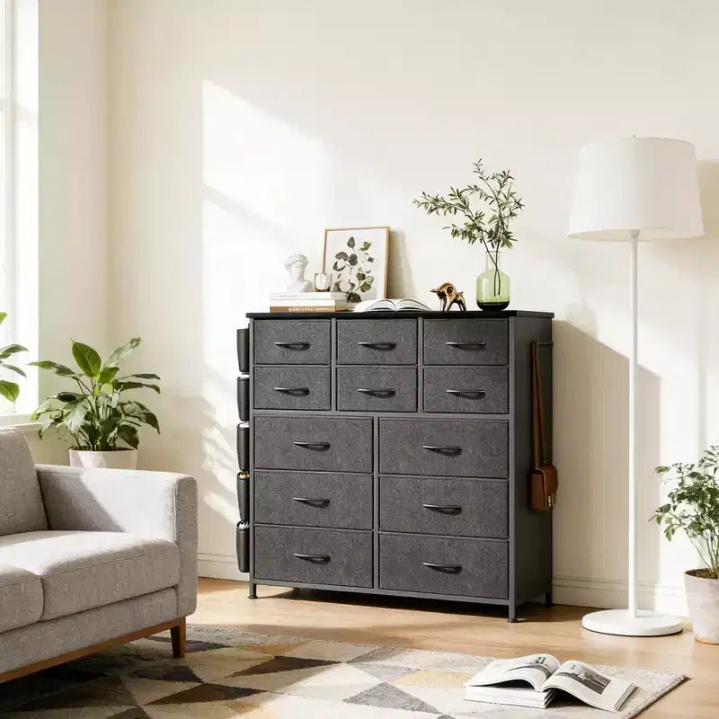 Dark Gray 12-Drawer Fabric Storage Tower with Wood Top, 1-Person