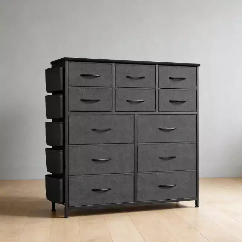 Dark Gray 12-Drawer Fabric Storage Tower with Wood Top, 1-Person