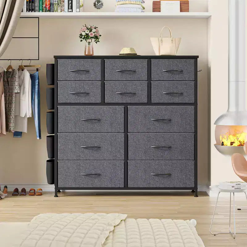 Dark Gray 12-Drawer Fabric Storage Tower with Wood Top, 1-Person