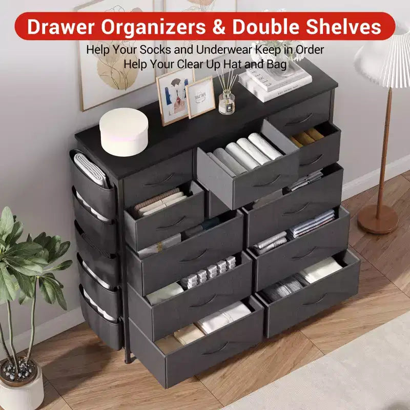 Dark Gray 12-Drawer Fabric Storage Tower with Wood Top, 1-Person