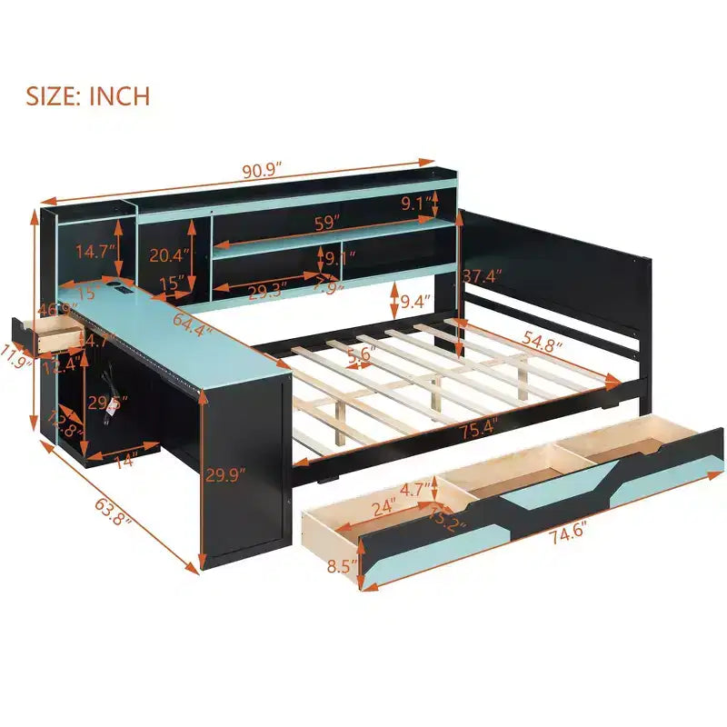 Black+Blue / Black+Red Gaming Daybed with Desk & Storage – Full/Queen, 1-Person