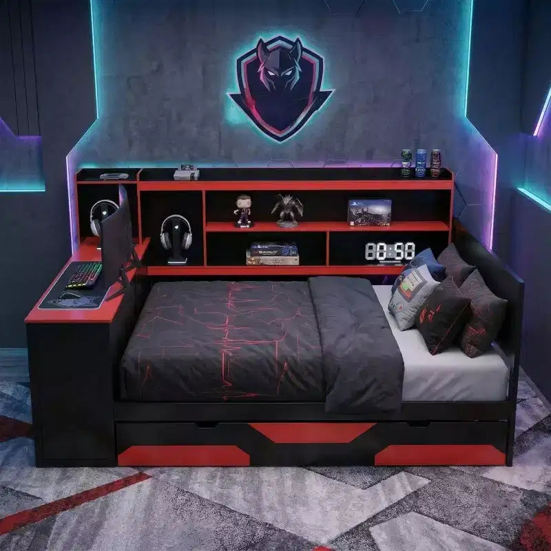 Black+Blue / Black+Red Gaming Daybed with Desk & Storage – Full/Queen, 1-Person