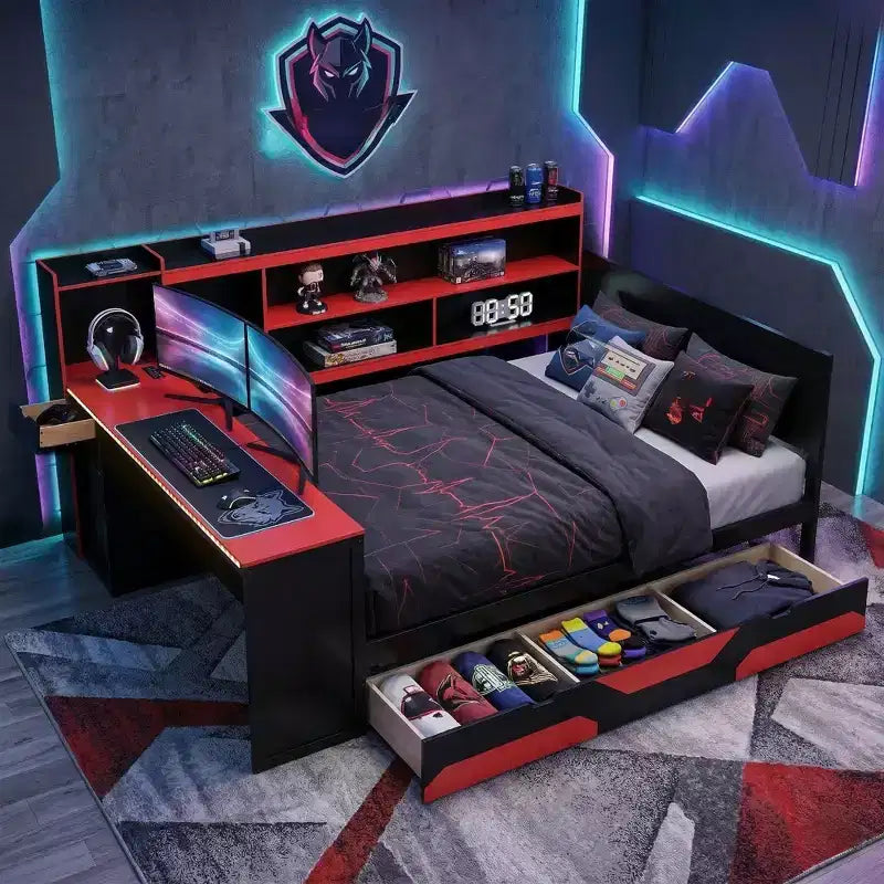 Black+Blue / Black+Red Gaming Daybed with Desk & Storage – Full/Queen, 1-Person