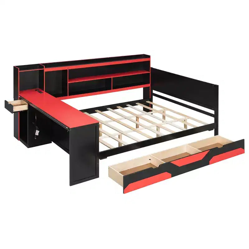 Black+Blue / Black+Red Gaming Daybed with Desk & Storage – Full/Queen, 1-Person