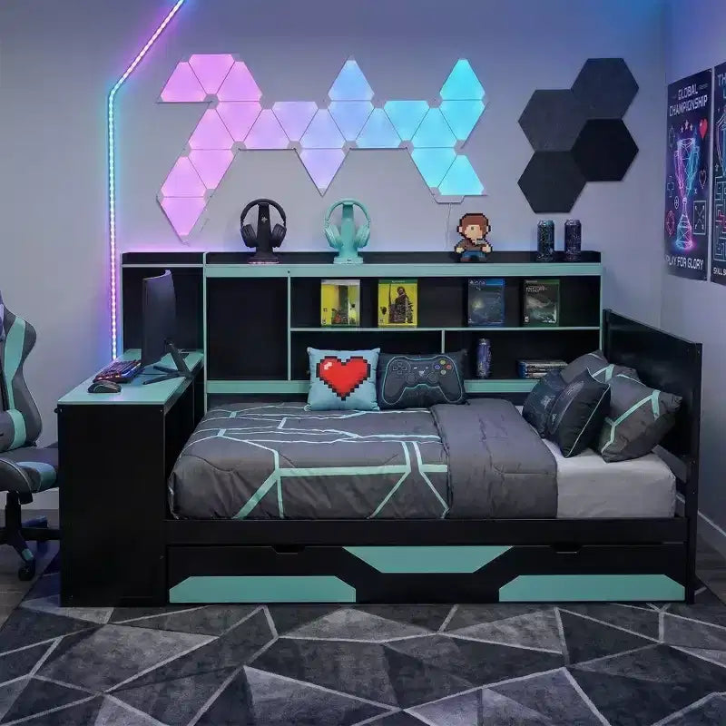 Black+Blue / Black+Red Gaming Daybed with Desk & Storage – Full/Queen, 1-Person