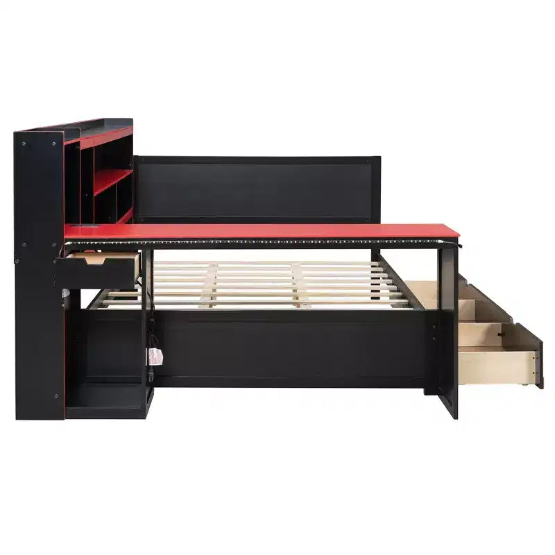 Black+Blue / Black+Red Gaming Daybed with Desk & Storage – Full/Queen, 1-Person