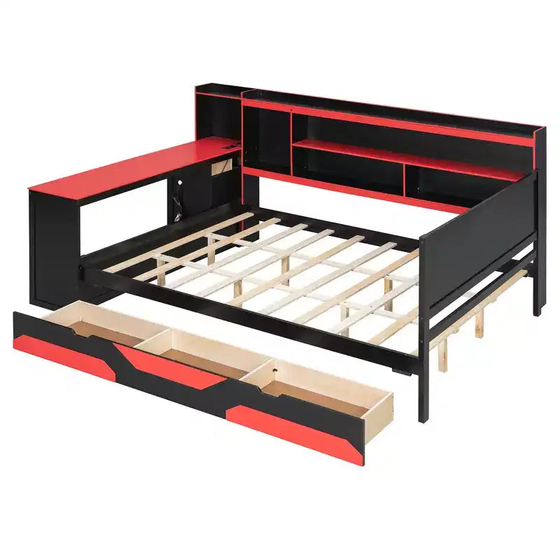 Black+Blue / Black+Red Gaming Daybed with Desk & Storage – Full/Queen, 1-Person