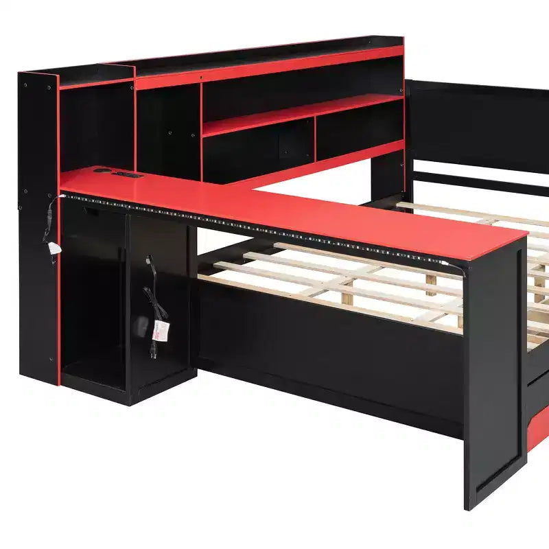Black+Blue / Black+Red Gaming Daybed with Desk & Storage – Full/Queen, 1-Person