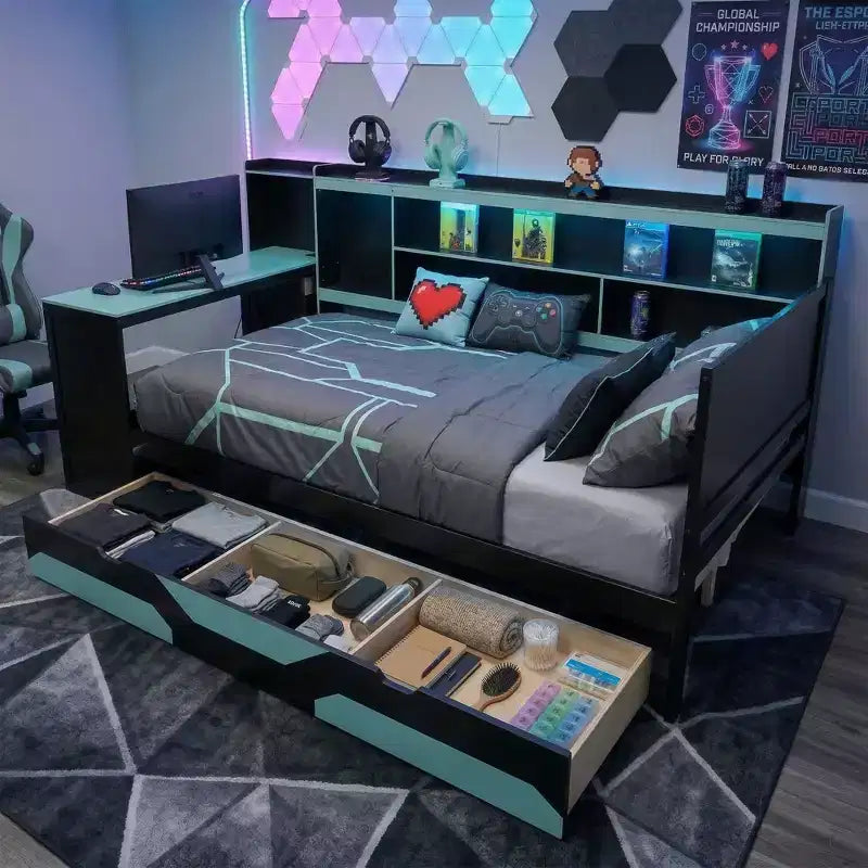Black+Blue / Black+Red Gaming Daybed with Desk & Storage – Full/Queen, 1-Person