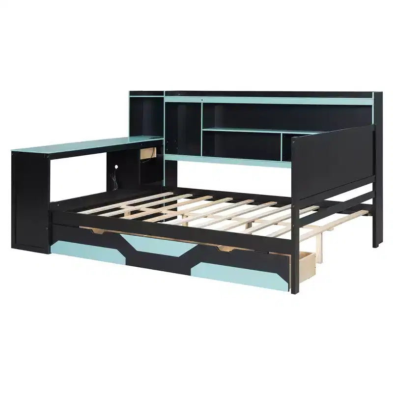 Black+Blue / Black+Red Gaming Daybed with Desk & Storage – Full/Queen, 1-Person