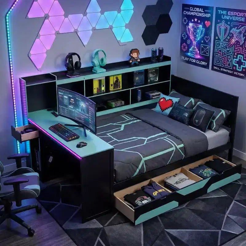 Polibi Gamer Hub Daybed with Desk, RGB Lights, Charging Station, Storage Drawers & Bookcase Headboard