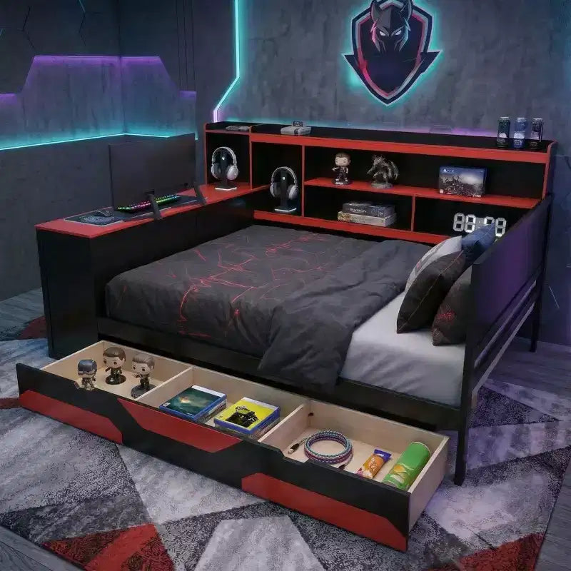 Black+Blue / Black+Red Gaming Daybed with Desk & Storage – Full/Queen, 1-Person