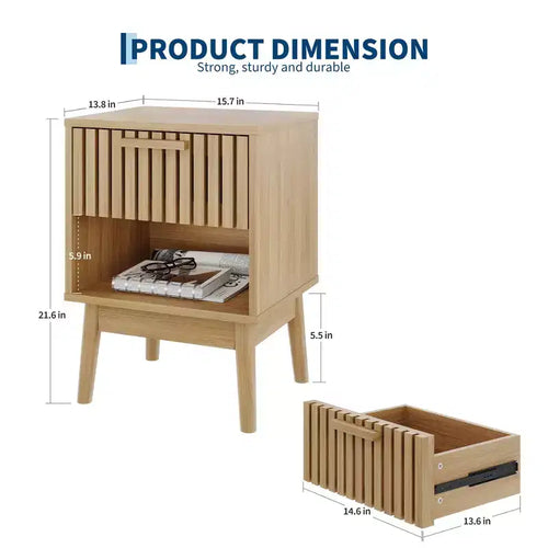 Beige Striped Drawer Nightstand, Natural Oak, 1-Person Bedside End Table