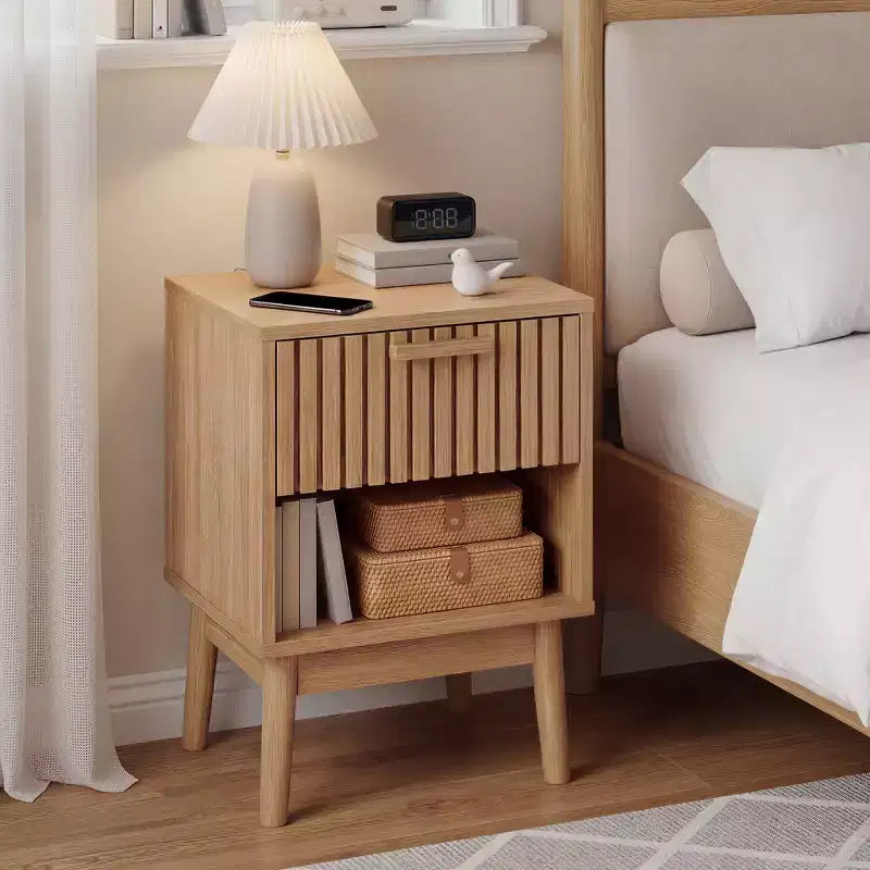 Beige Striped Drawer Nightstand, Natural Oak, 1-Person Bedside End Table