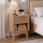 Beige Striped Drawer Nightstand, Natural Oak, 1-Person Bedside End Table