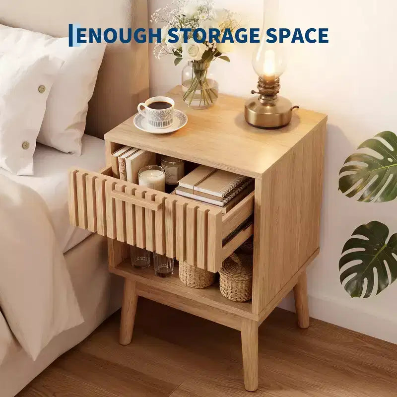 Beige Striped Drawer Nightstand, Natural Oak, 1-Person Bedside End Table