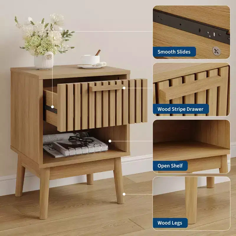 Beige Striped Drawer Nightstand, Natural Oak, 1-Person Bedside End Table