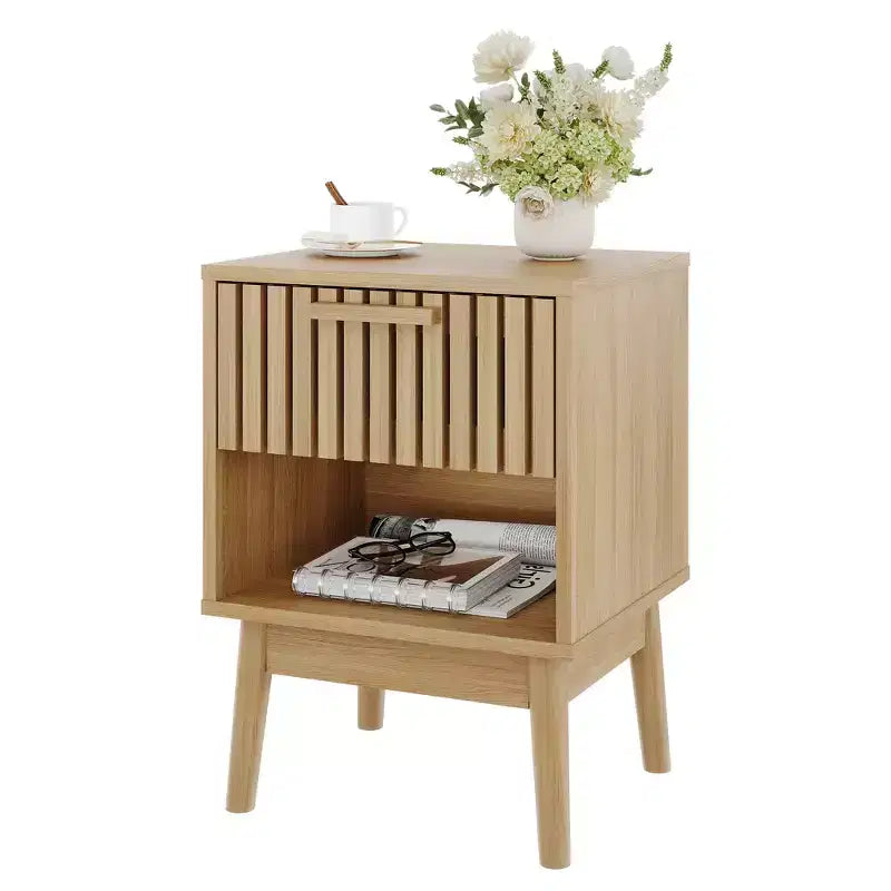 Beige Striped Drawer Nightstand, Natural Oak, 1-Person Bedside End Table