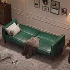 Faux Leather Futon Sofa Bed, Black/Green, Mid-Century Style, Seats 4, Converts to Twin Sleeper