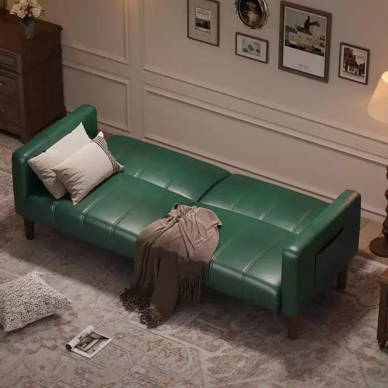 Faux Leather Futon Sofa Bed, Black/Green, Mid-Century Style, Seats 4, Converts to Twin Sleeper